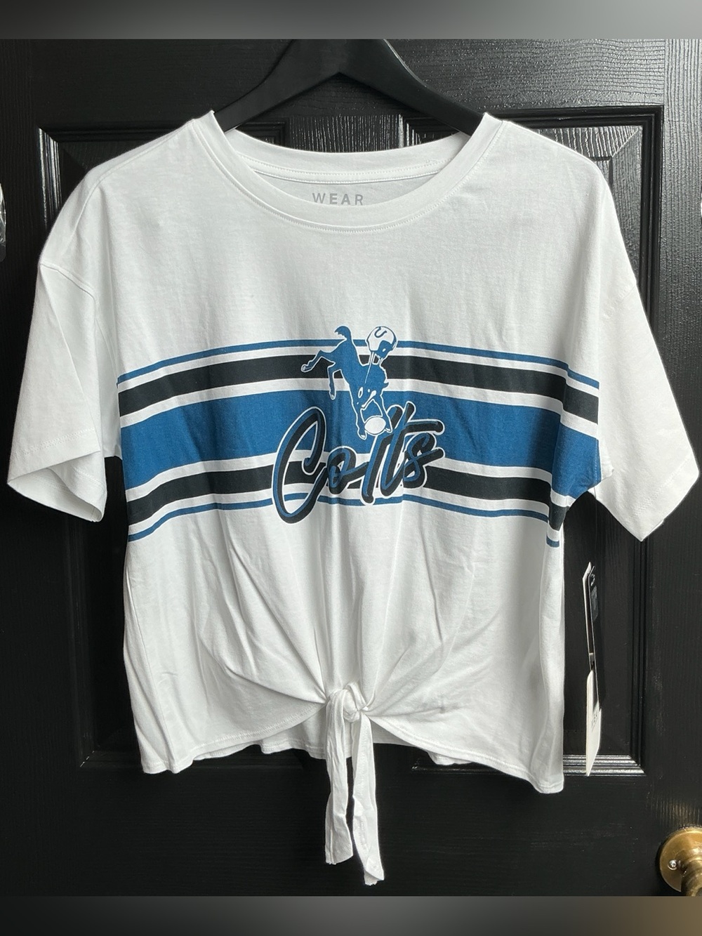 Women's White Tie-Front Graphic Tee with Blue Stripes